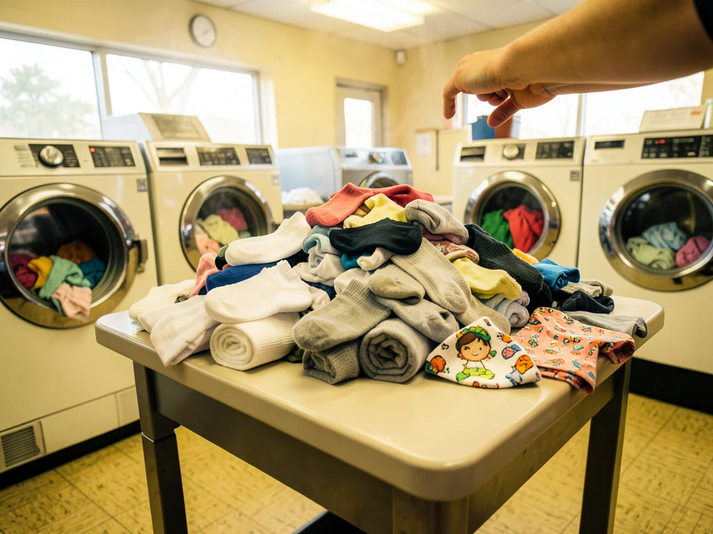 The sock sorting moment — a folding table with a mountain of clean mixed socks f