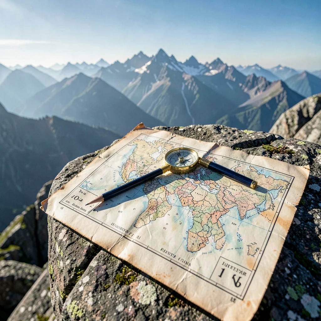 Crystal clear high-altitude light, sharp mountain air quality, A hand-drawn map 
