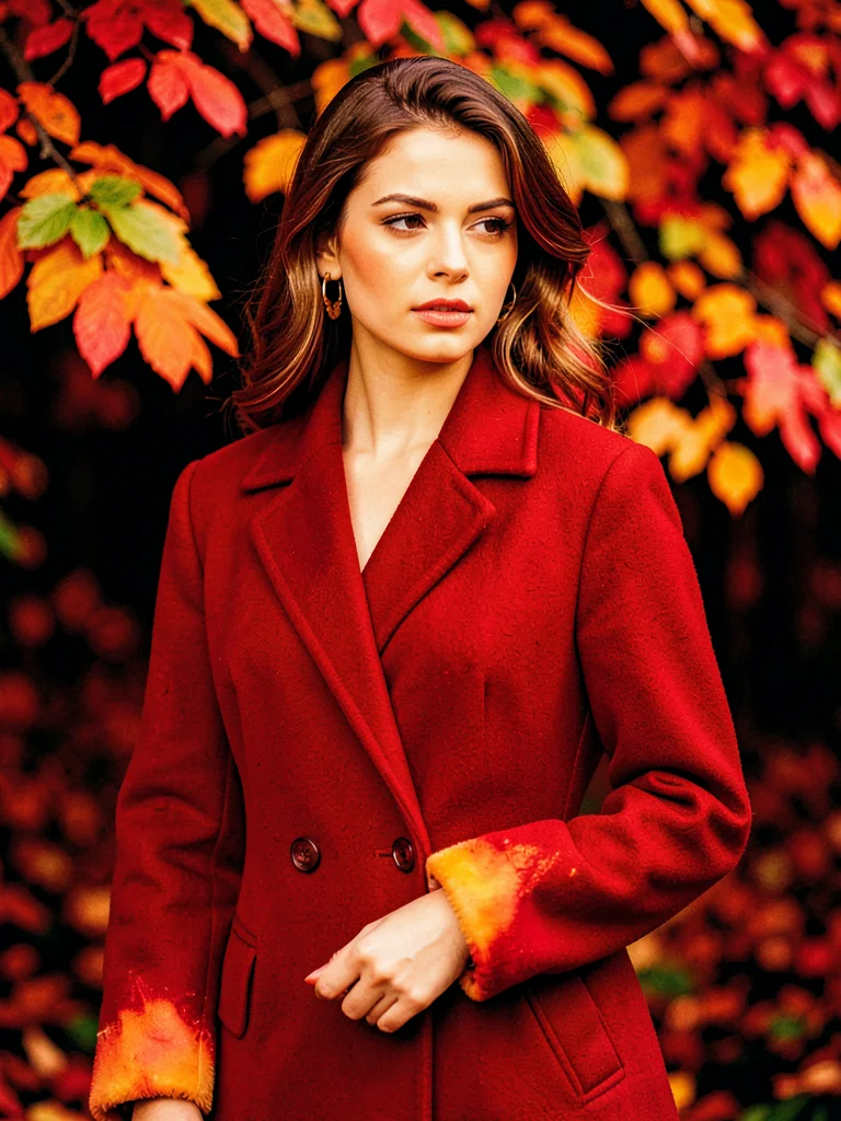 Model in a crimson wool coat, colour bleeding warmly at sleeve edges, autumn lea