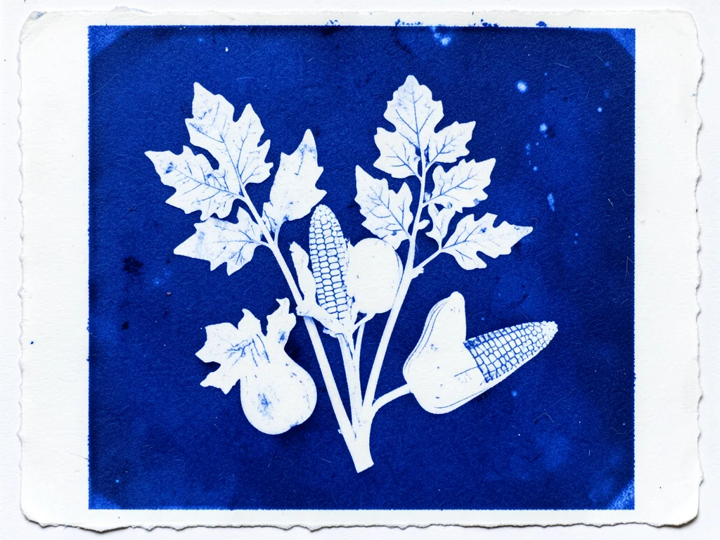 Cyanotype print of autumn harvest arrangement, squash and corn silhouettes in bl