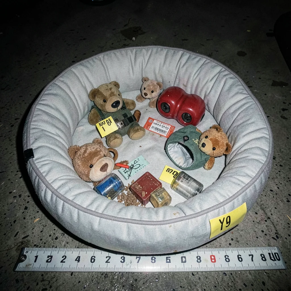 Pet bed with toys photographed as crime scene evidence