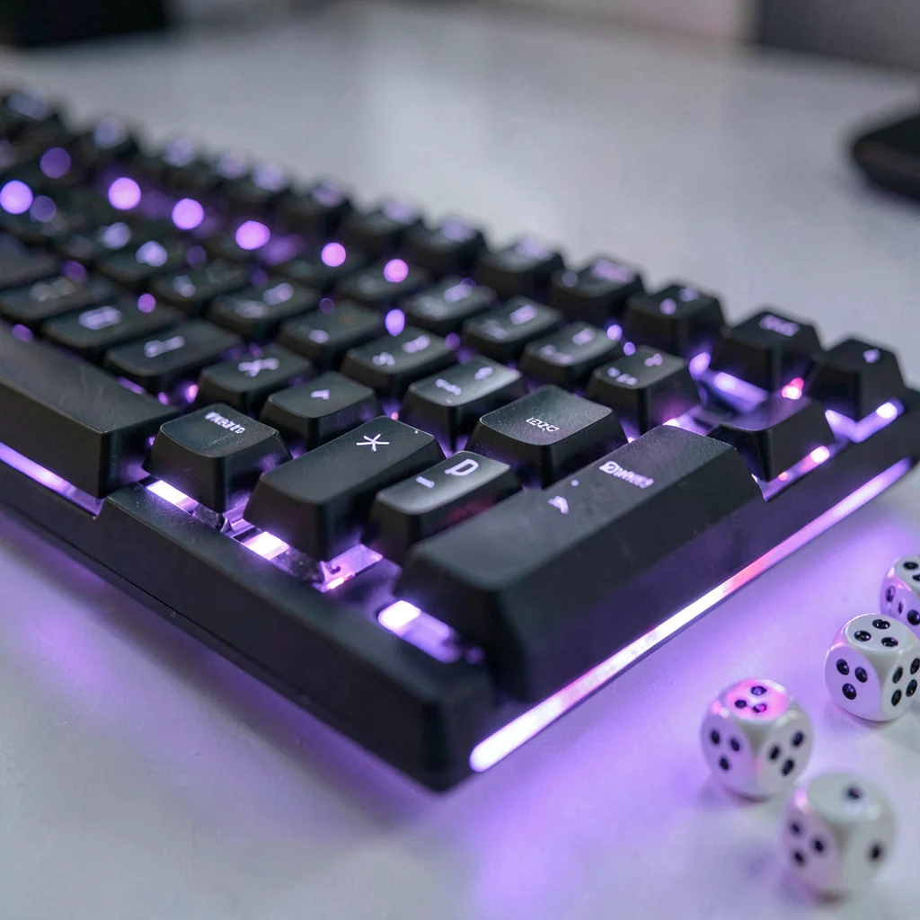 Close-up of a mechanical keyboard glowing under purple LED, scattered dice nearb