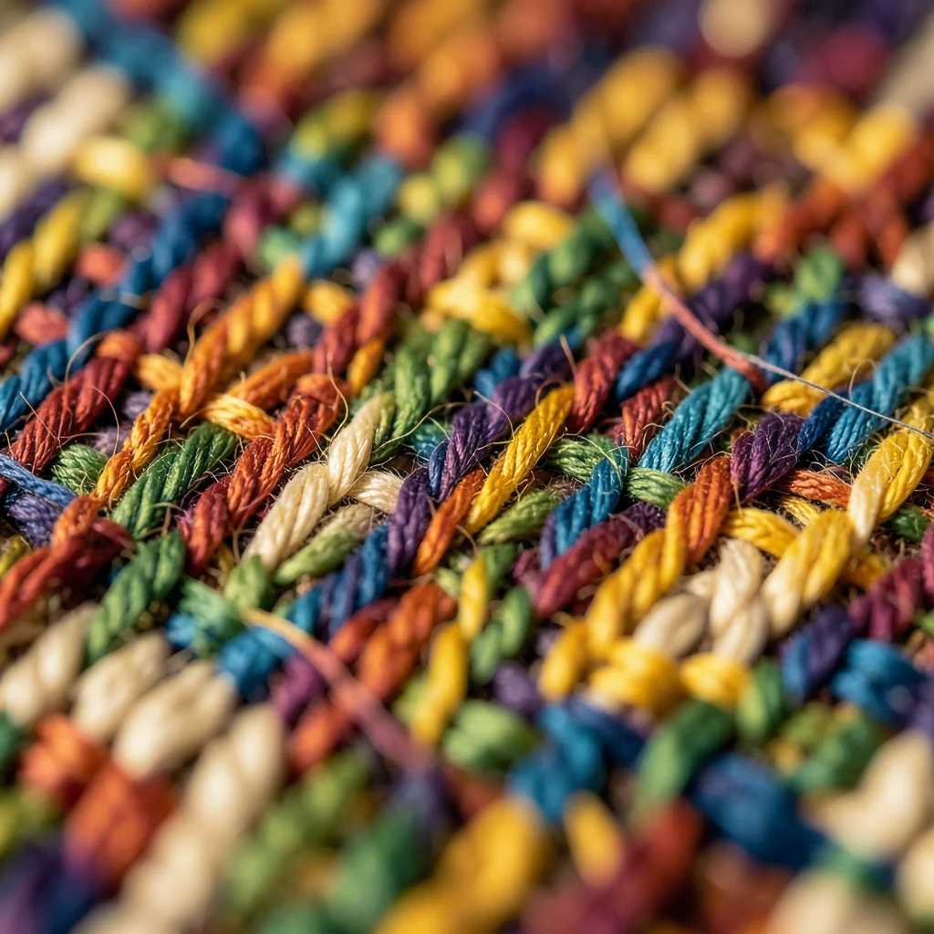 A tapestry detail at macro: the colored threads creating an image, visible as in