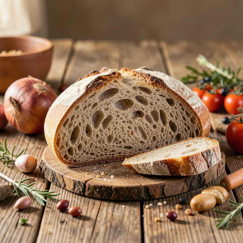 Bread loaf photo with cross-section illustration showing crumb structure analysi