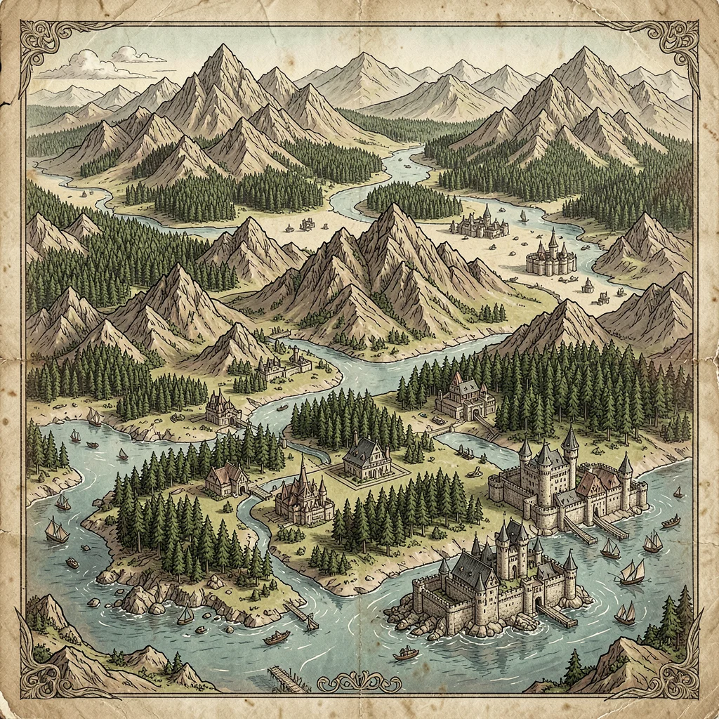 Fantasy map illustration, a complete fantasy kingdom map with mountain ranges, f