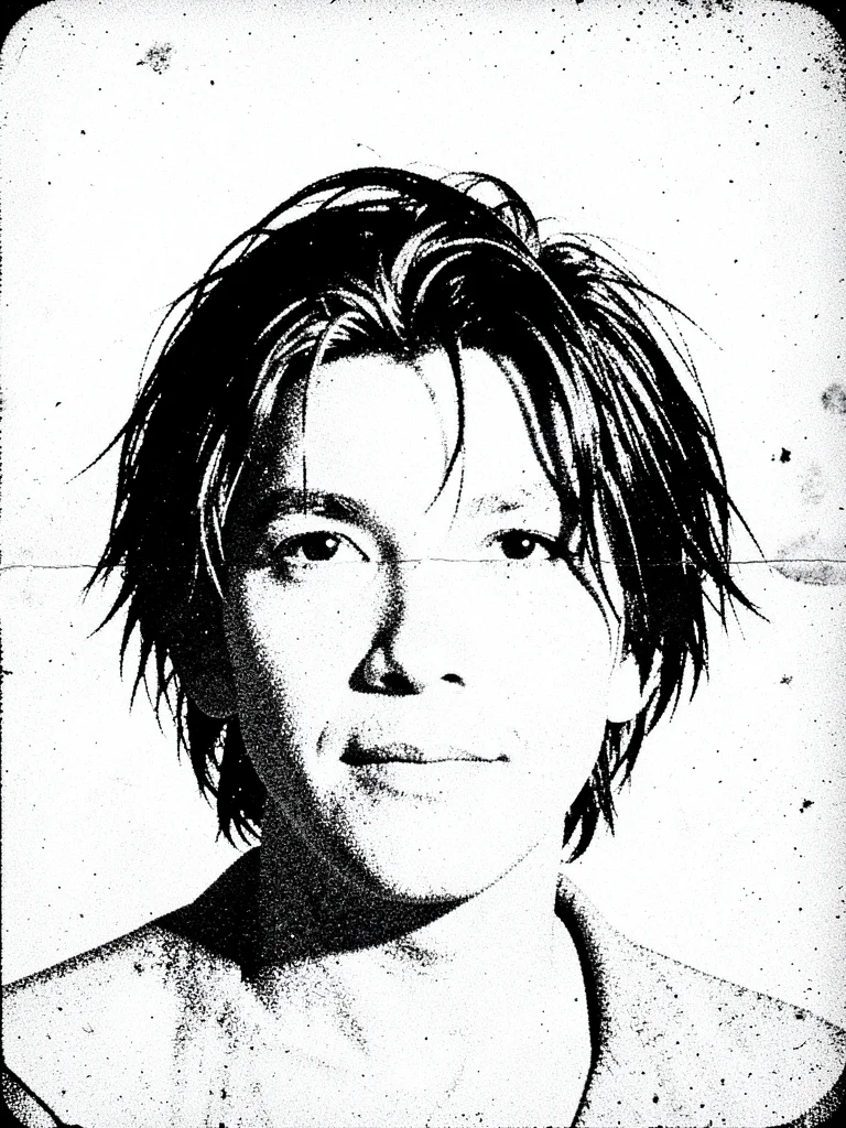 Hair photocopied at extreme contrast, individual strands becoming bold calligrap