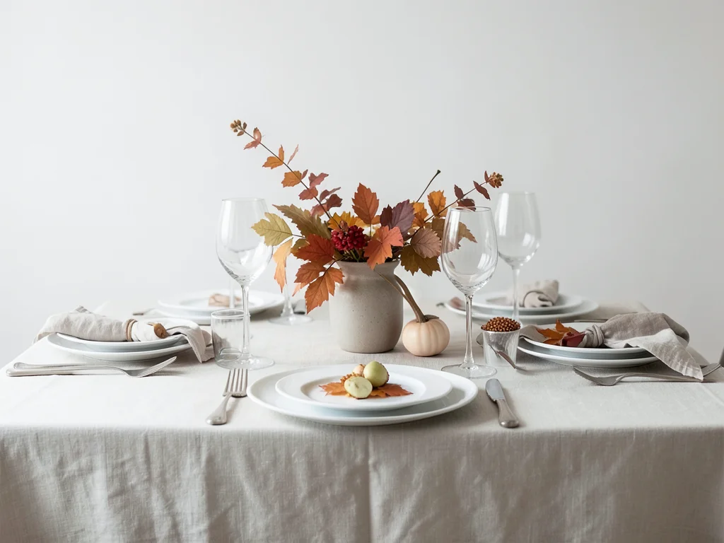 Elegant thanksgiving table setting with white plates, linen napkins, autumn cent