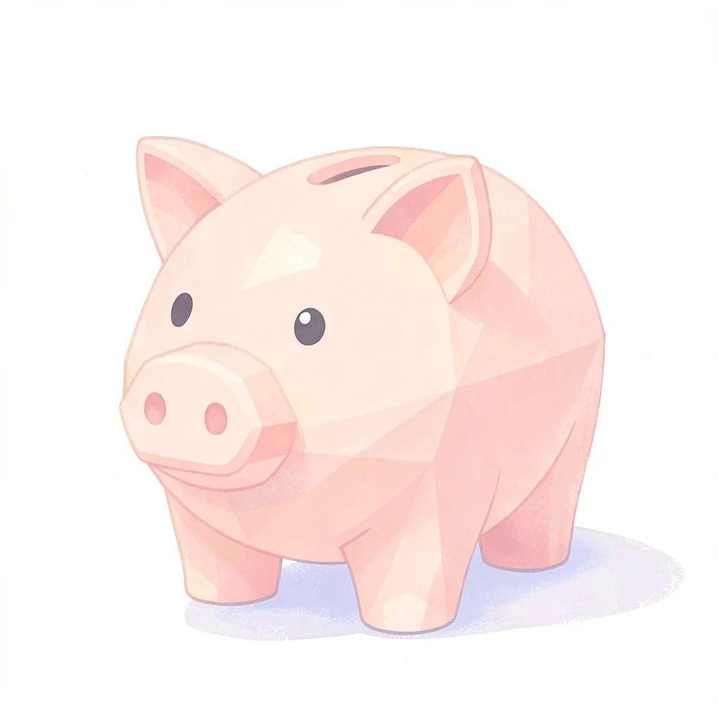 Plump peach lowpoly piggy bank with a faceted snout and tiny coin slot, soft thr