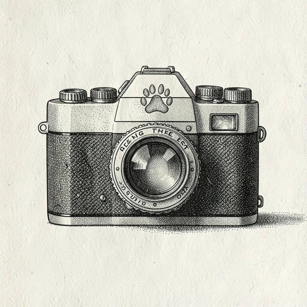 Pen-and-ink illustration of a vintage SLR with a paw print on the lens cap, fine