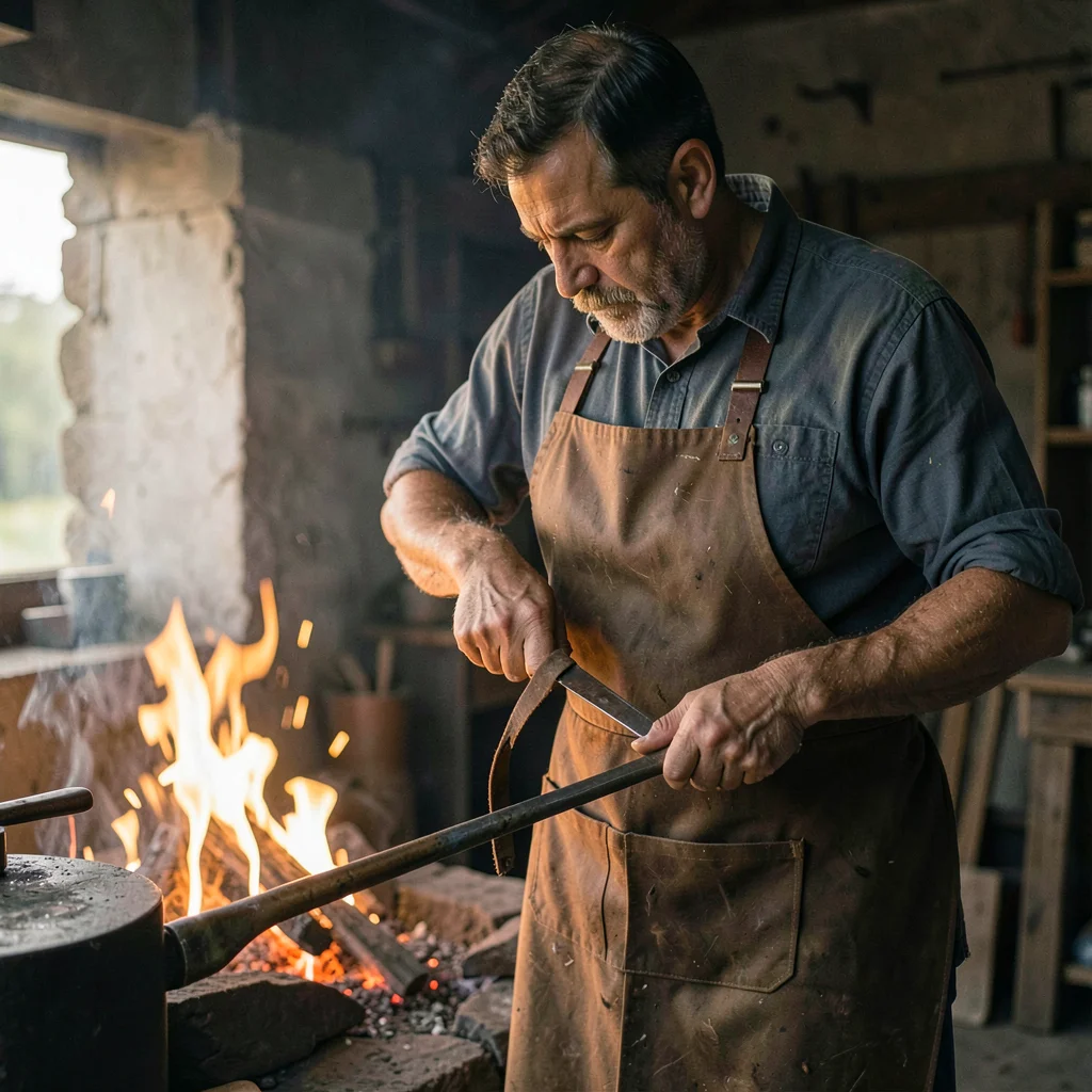 Quiet artisan portrait of a smith tying on a heavy leather apron at the forge at