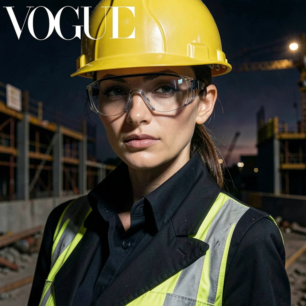 Safety goggles as eyewear editorial, dramatic close-up, construction site access