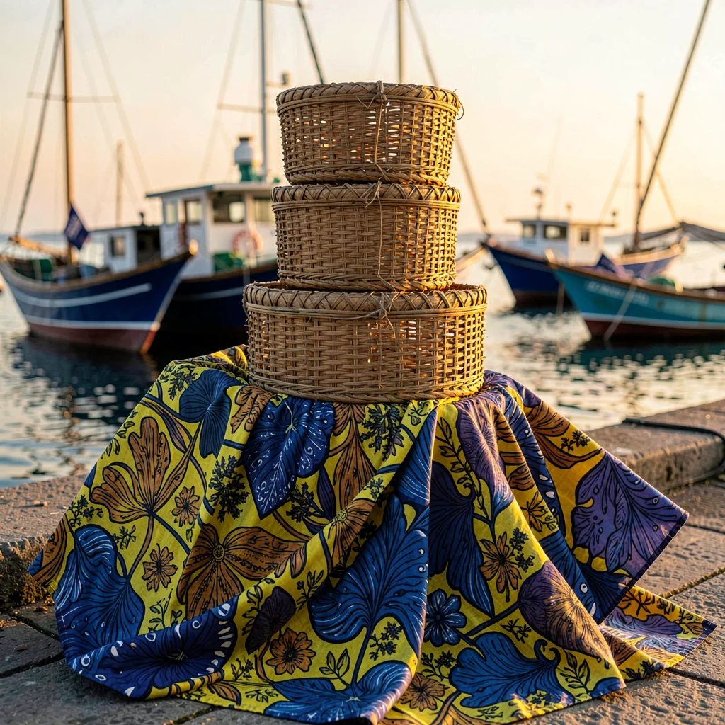 Saturated textile-rich photograph, Woven fishing baskets stacked in geometric to