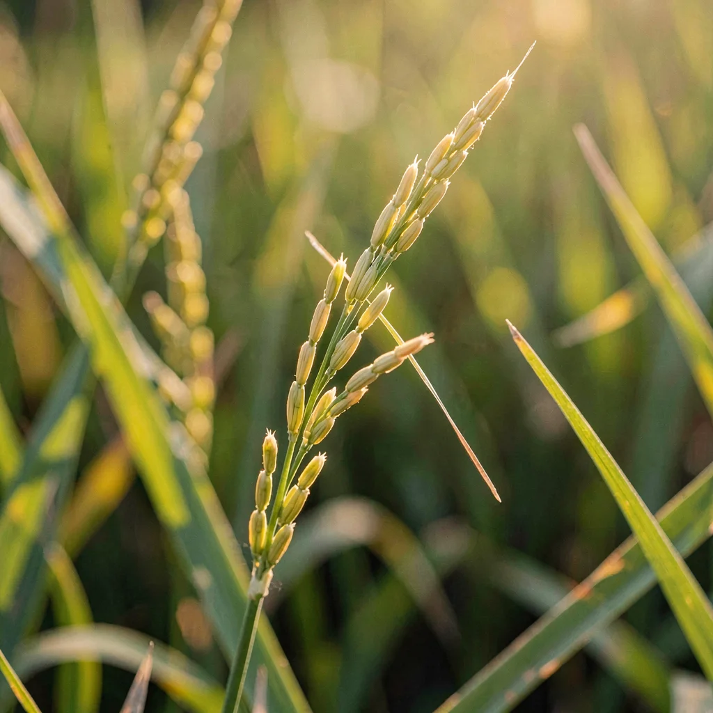 A single rice stalk in macro detail against soft canopy diffusion, golden awns