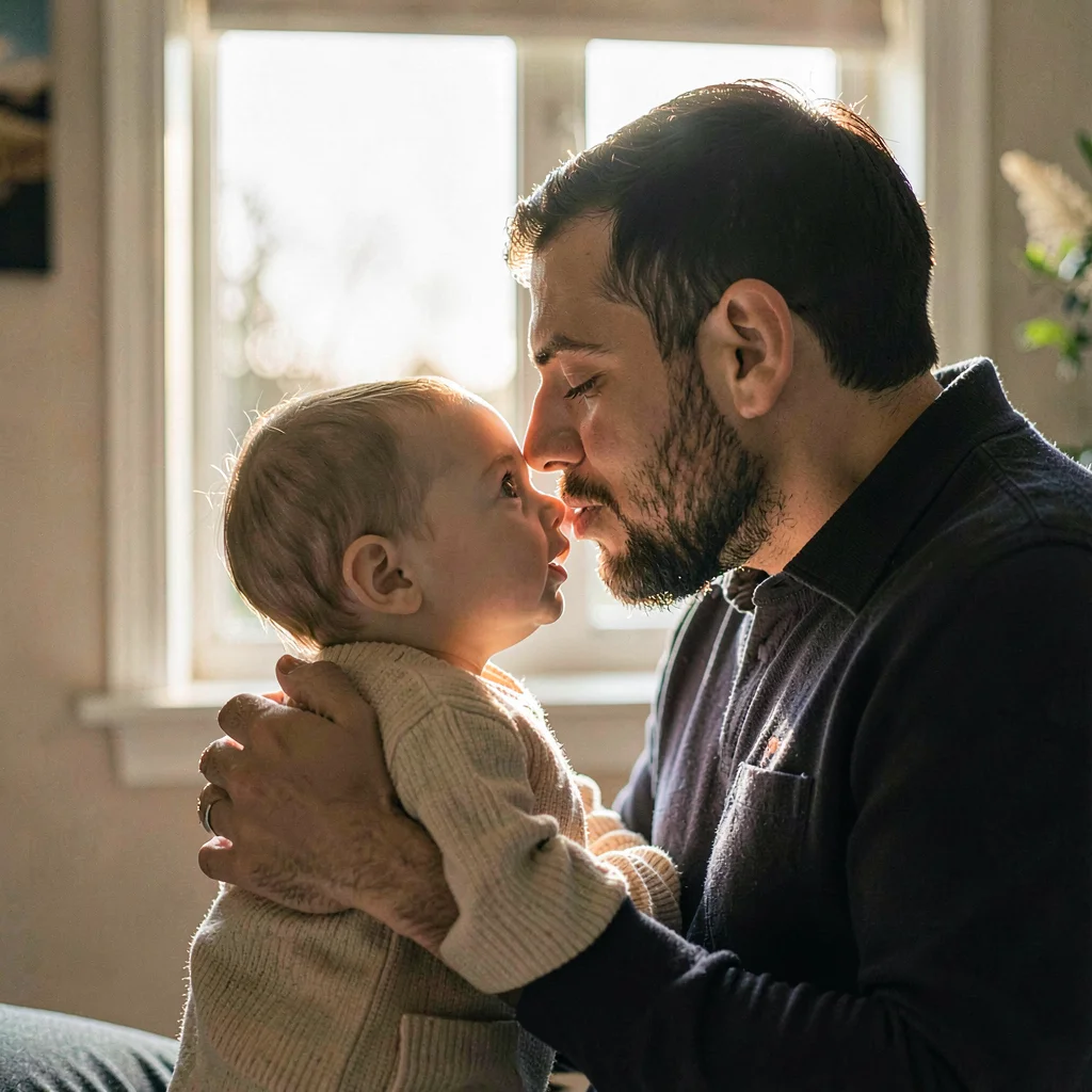 Hero-alt of a parent kissing a baby's forehead, both backlit by window