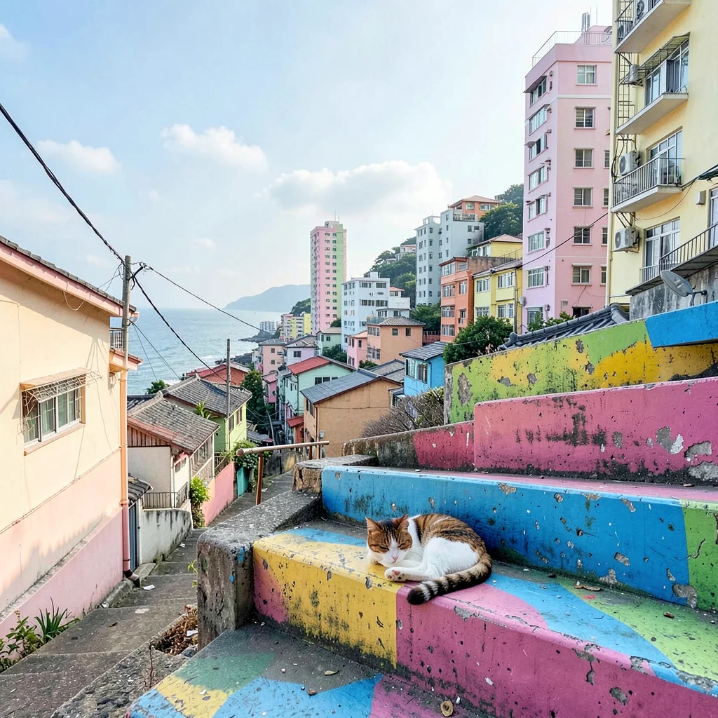 Busan vertical density, hillside village stacking, cat sleeping on colorful pain