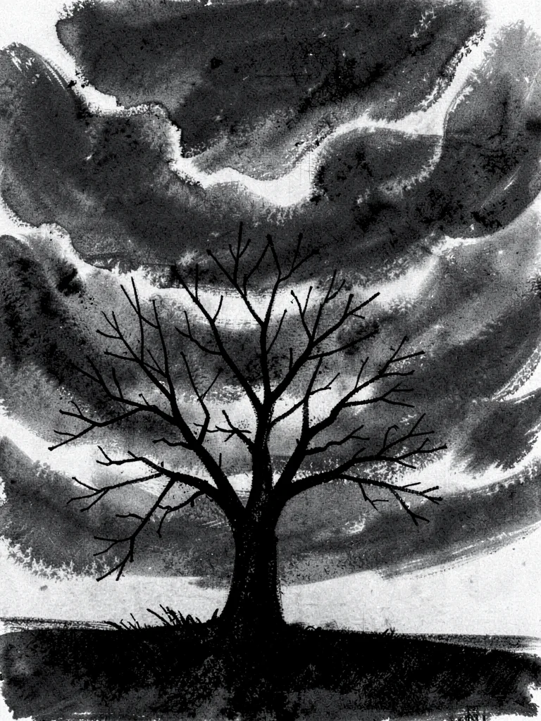 Bare tree against turbulent sky