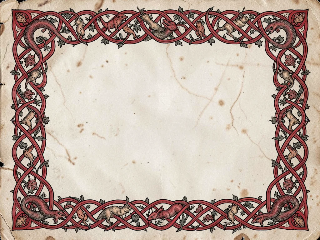 Inhabited vine border — knotwork vine with small animal forms caught in its loop