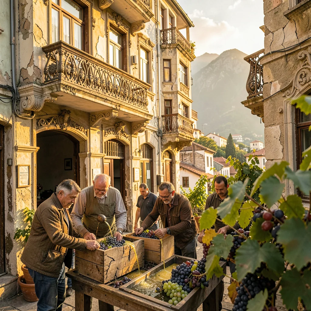 Crumbling Art Nouveau balconies in golden Tbilisi light, grape pressing using tr