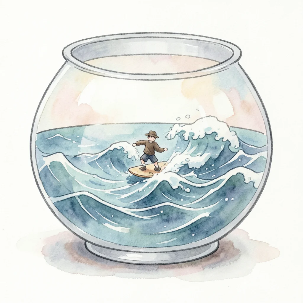 Small ocean with waves inside a fishbowl, tiny surfer riding waves