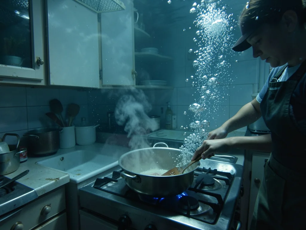 Kitchen scene underwater, person cooking on stove, bubble trail rising from pot