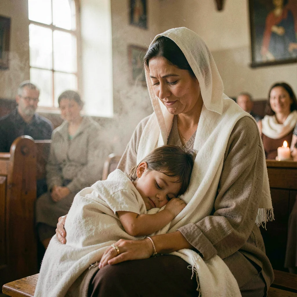 Intimate warm-toned photograph, Child sleeping on mother lap during church servi