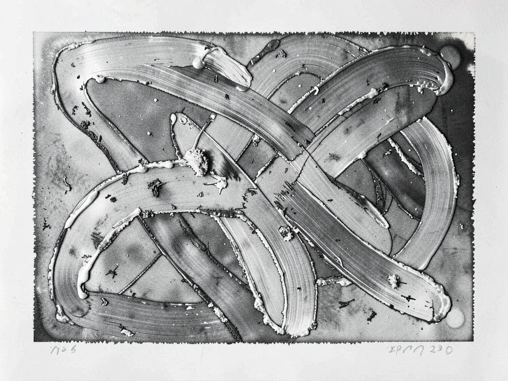 A chemigram made with thick paint resist — brushstroke boundaries in silver gela