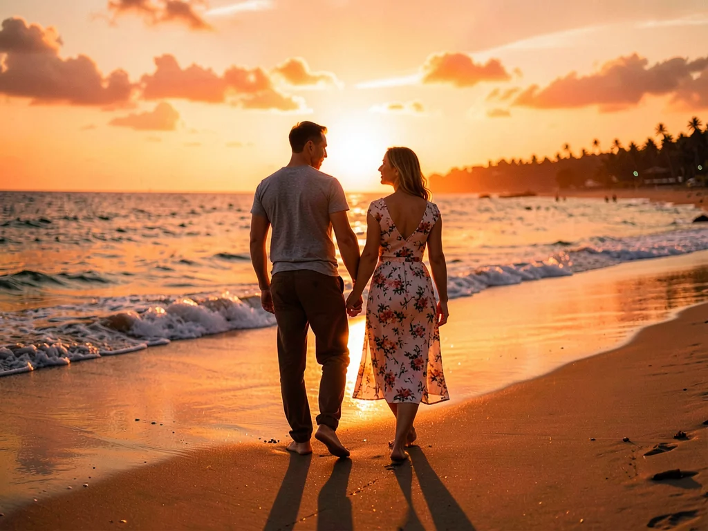 Couple walking beach at sunset