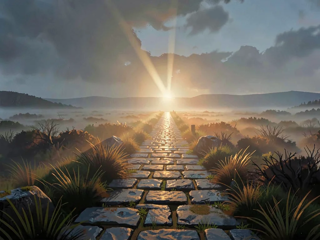 Weathered flagstone road through a misty moor, single low sun shaft slicing thro