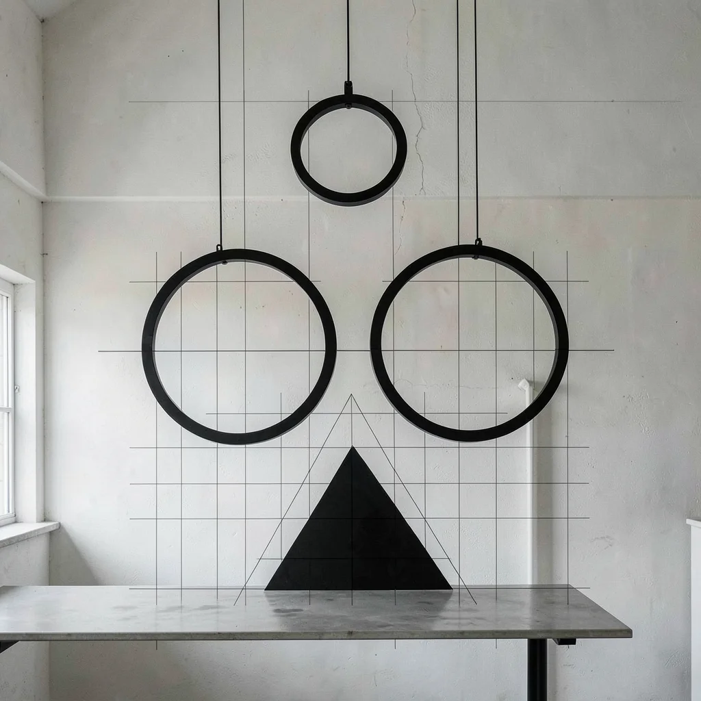 Gymnasium rings hanging from ceiling — two circles suspended in geometric balanc