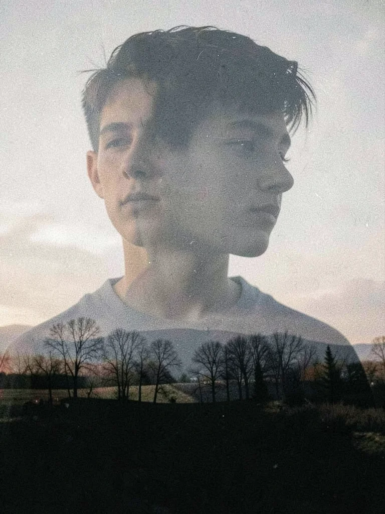 Teenager doubled with static, the noise of becoming