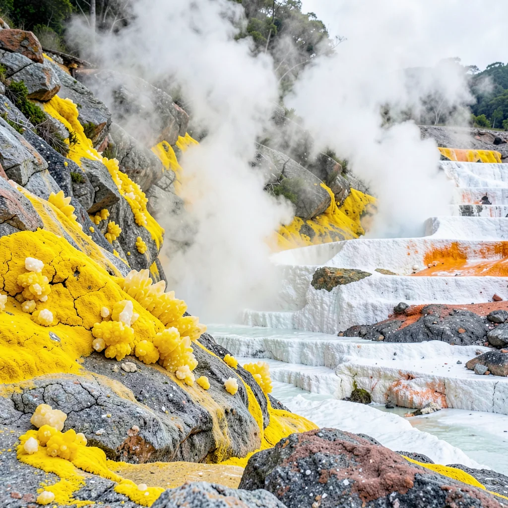 Rotorua geothermal landscape, active earth palette, Sulphur crystals growing on 