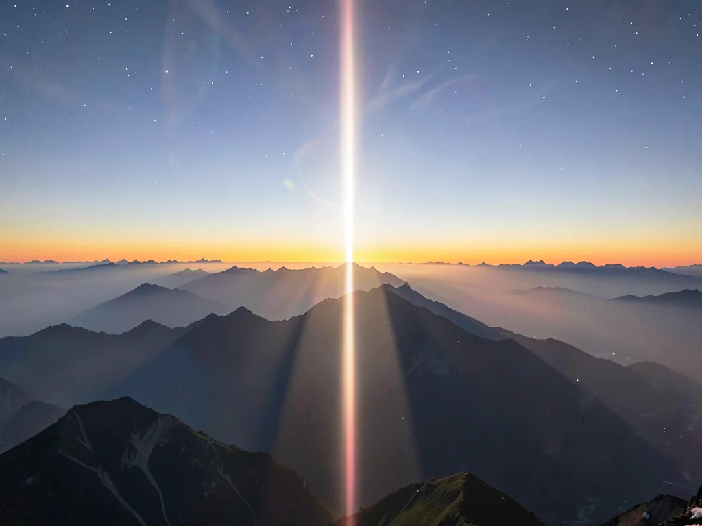 Sun pillar phenomenon in thin mountain atmosphere at dawn