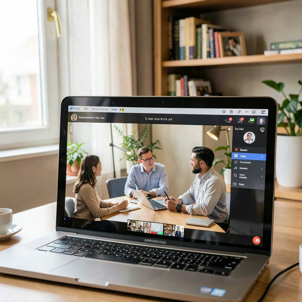 Documentary photograph, Video call on laptop screen showing team meeting, home o