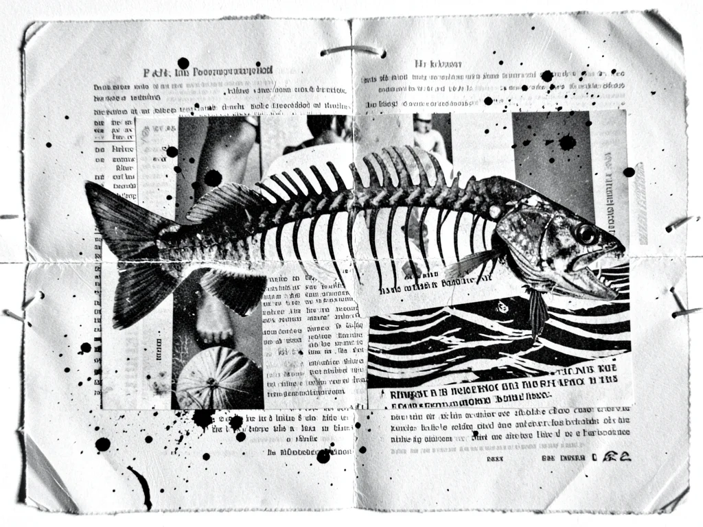 A fish skeleton from a biology textbook, pasted over waves cut from a fashion ma