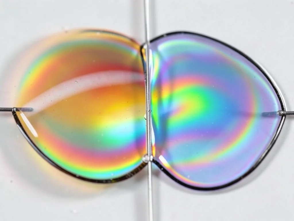 Two soap films meeting at an edge, different thickness creating different color 