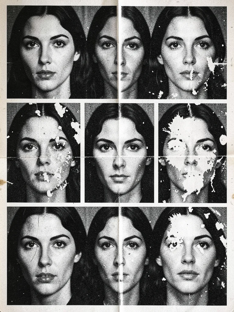 A woman's face photocopied eight times, features dissolving into high-contrast t