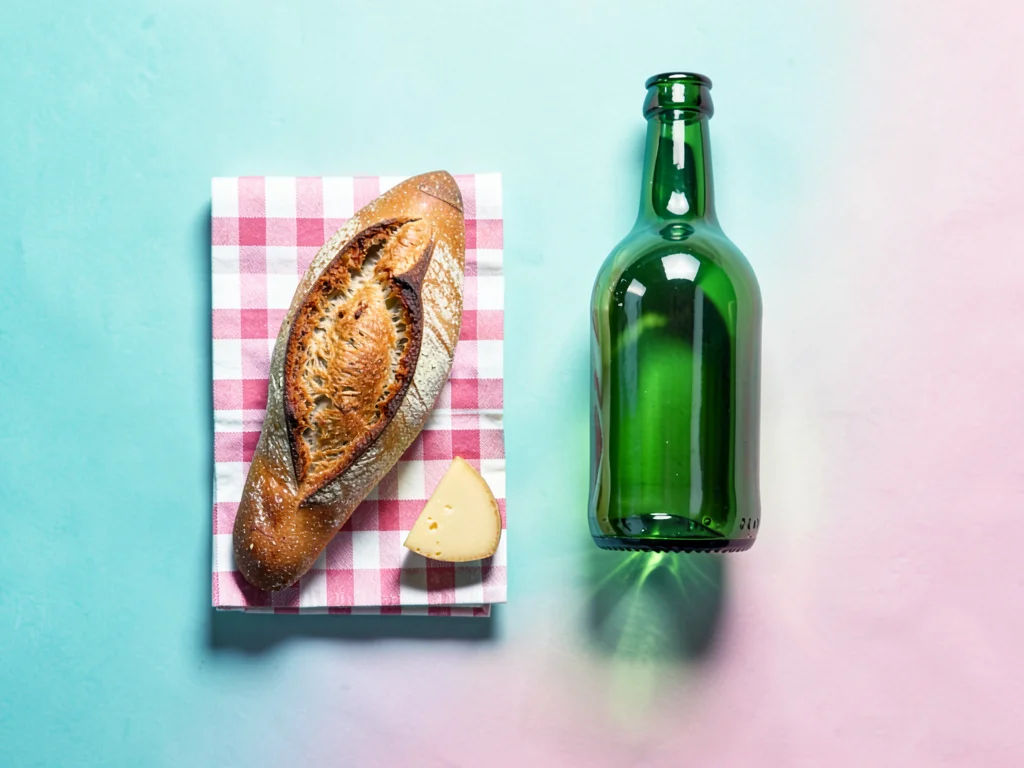 Picnic essentials lined up checkered napkin a crusty baguette a small wedge of c