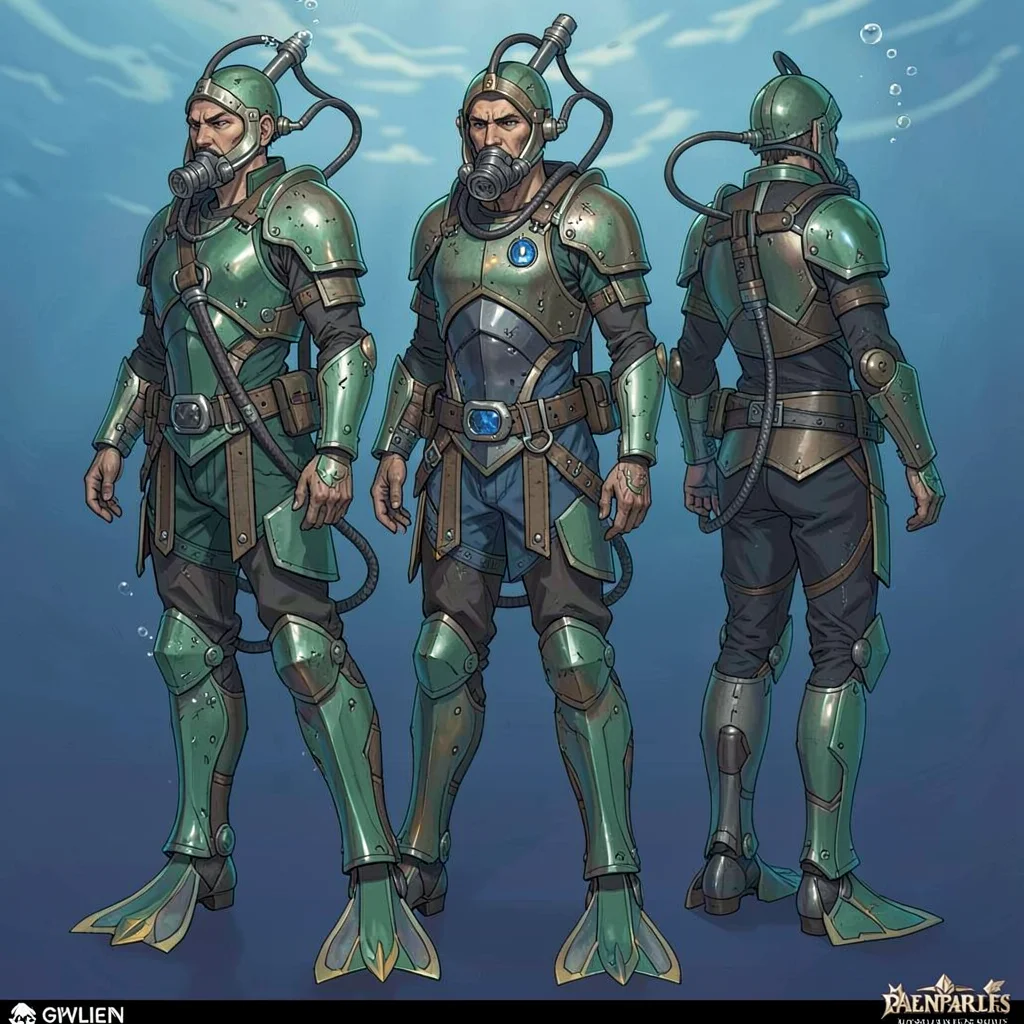 Fantasy armor illustration, an underwater armor design with breathing apparatus 