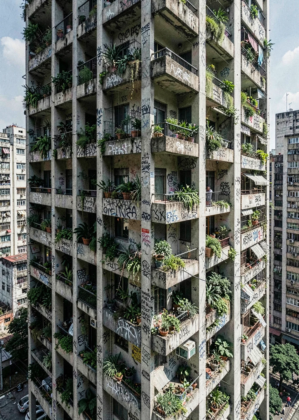Tropical brutalist São Paulo, Brazil, tower block balconies creating shadow grid