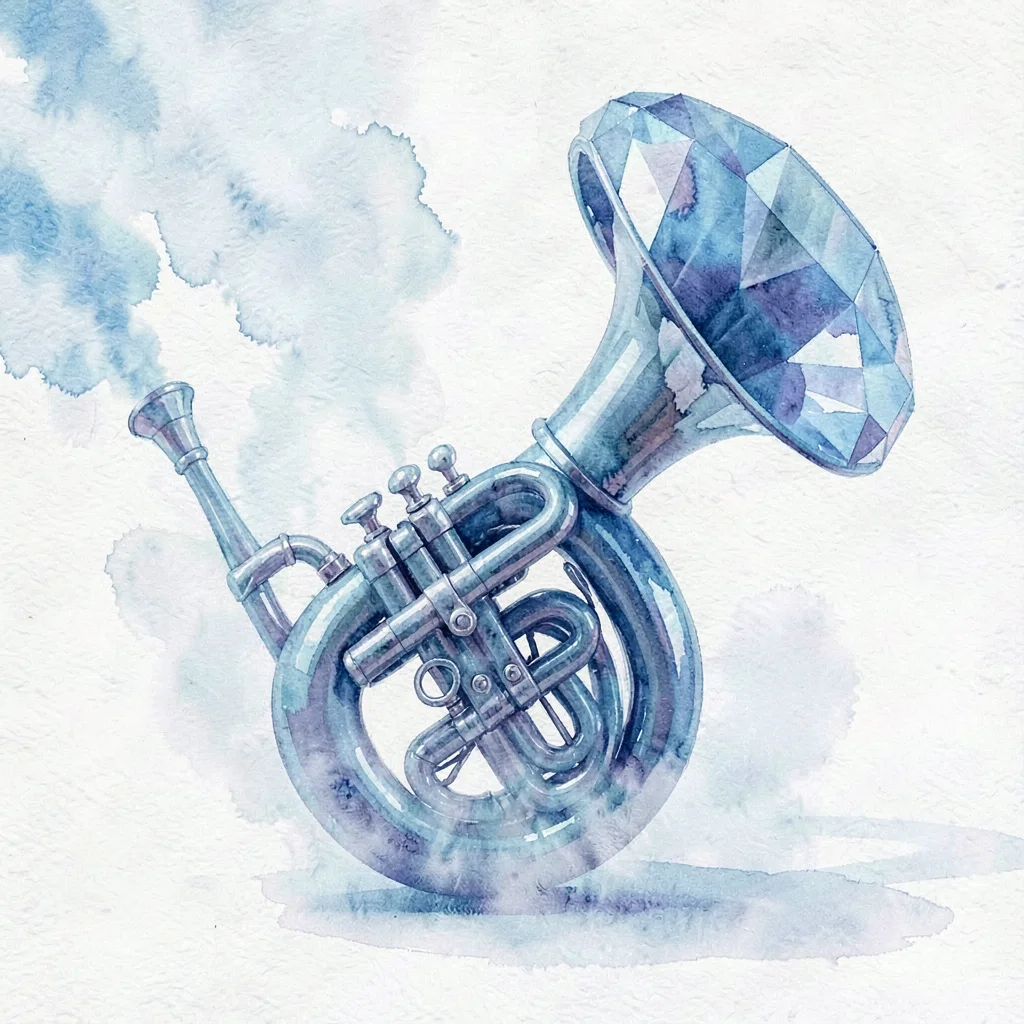 Oversized sapphire lowpoly tuba with a coiled body and massive faceted bell thro