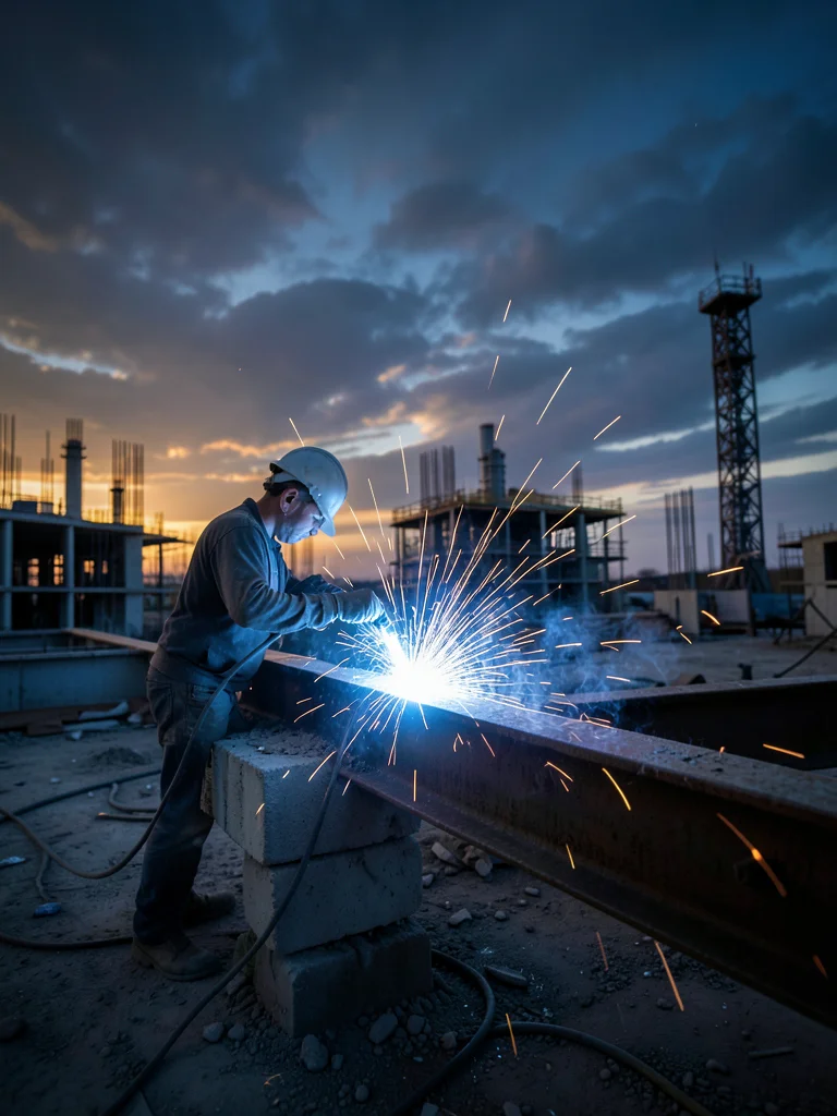 A welder at work on a steel beam, the arc creating a brilliant white-blue point,