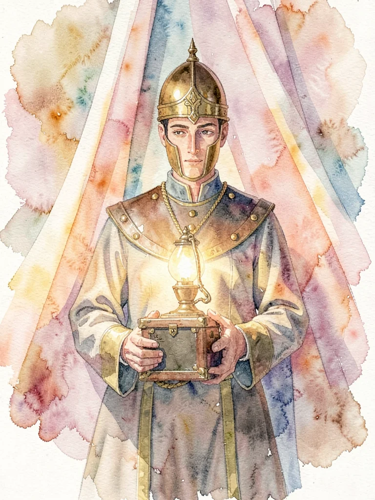 Brass-helmeted figure holding a chest-mounted lamp, warm beam falling forward ac