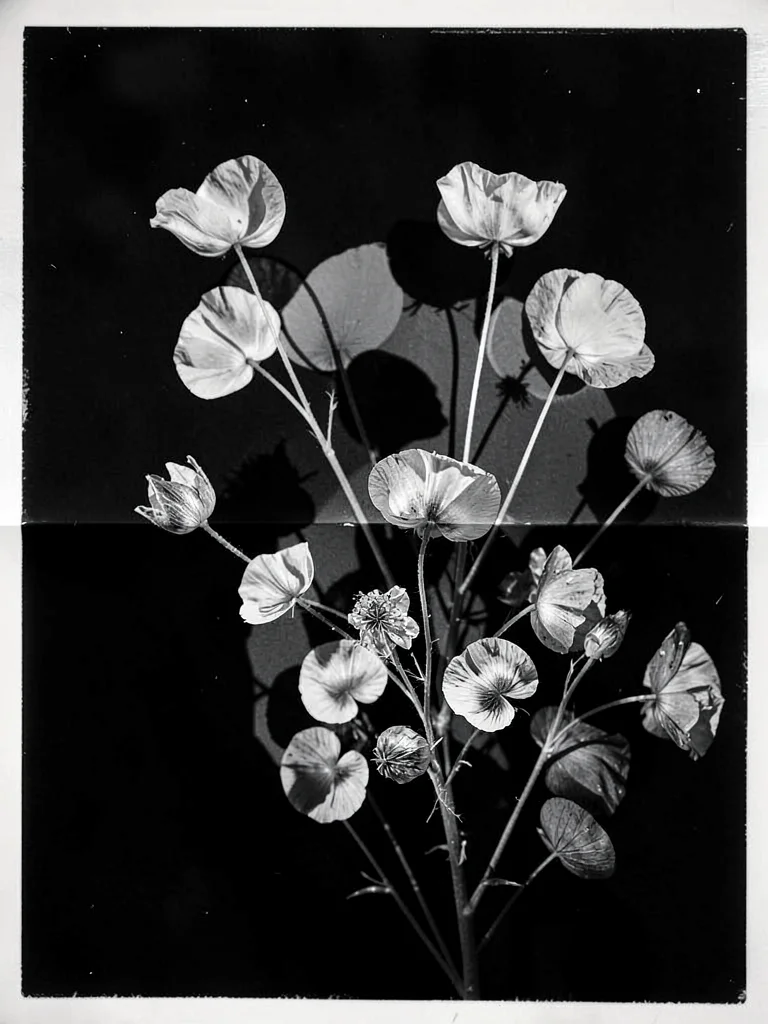 A photogram of a collection of dried flowers — petals as delicate overlapping si