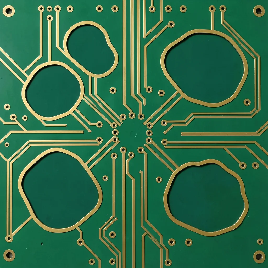 A PCB ground plane with cutouts — the negative space forming organic island shap