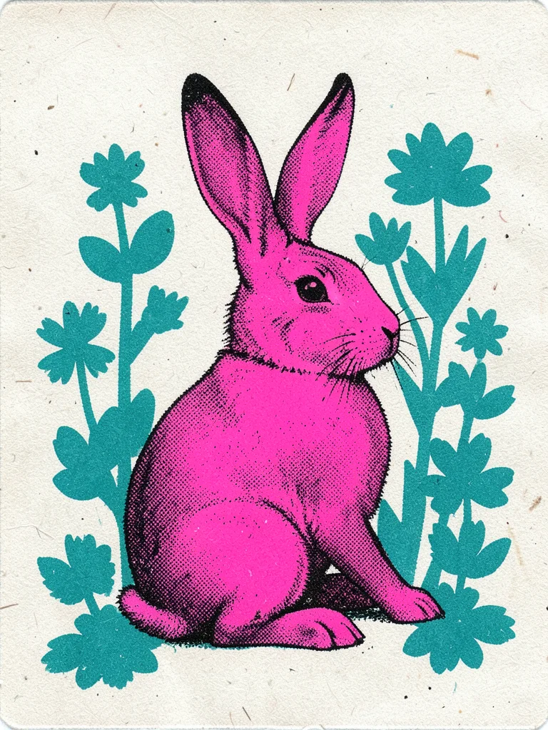 A rabbit sitting in profile in fluorescent pink and black, ears tall, surrounded