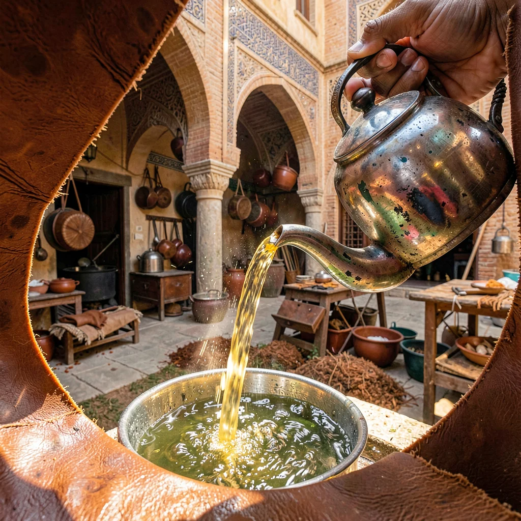 Through the Fes tannery eye, leather and dye craft, Mint tea being poured in a h
