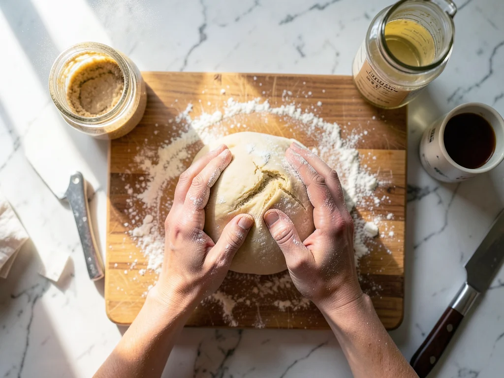 Bread dough being shaped: flour-dusted hands forming a boule, a banneton beside,