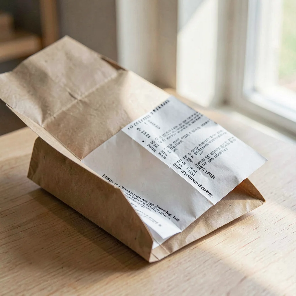 Folded paper instruction sleeve unfurling against a kraft sweep, soft museum day