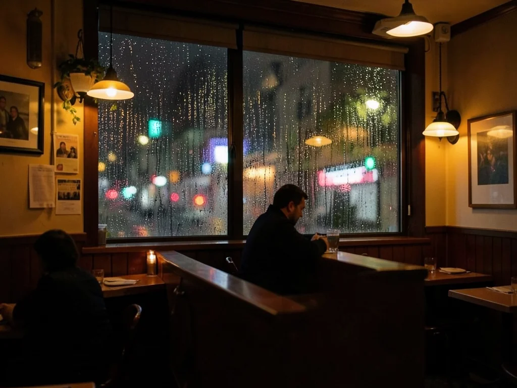 Diner at night through rain-streaked window, lone figure at counter, warm interi
