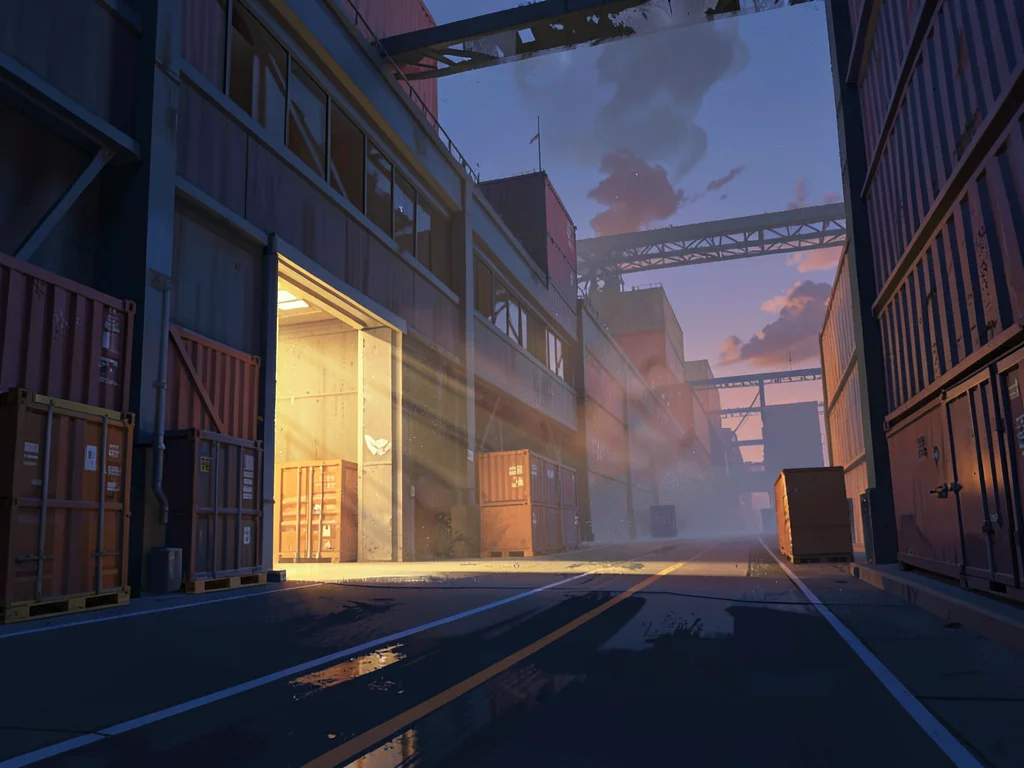 Sprawling shipping warehouse at dusk with sun shafts through cargo door, warm am